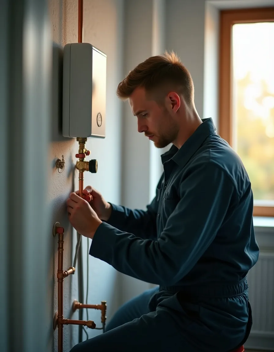 Fachowiec HYDRO-GER przy montażu instalacji centralnego ogrzewania — Łódź